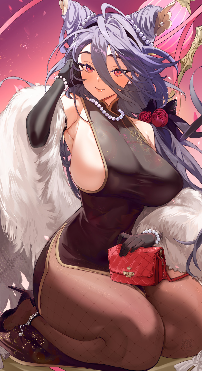 1girl absurdres azur_lane black_footwear black_gloves black_hair breasts chi_an_(azur_lane) chi_an_(lanternlit_stroll)_(azur_lane) elbow_gloves flower gloves hair_between_eyes hair_bun hair_flower hair_ornament high_heels highres huge_breasts jewelry long_hair looking_at_viewer purple_eyes sideboob sideless_outfit sitting smile solo thighs very_long_hair yun-yang