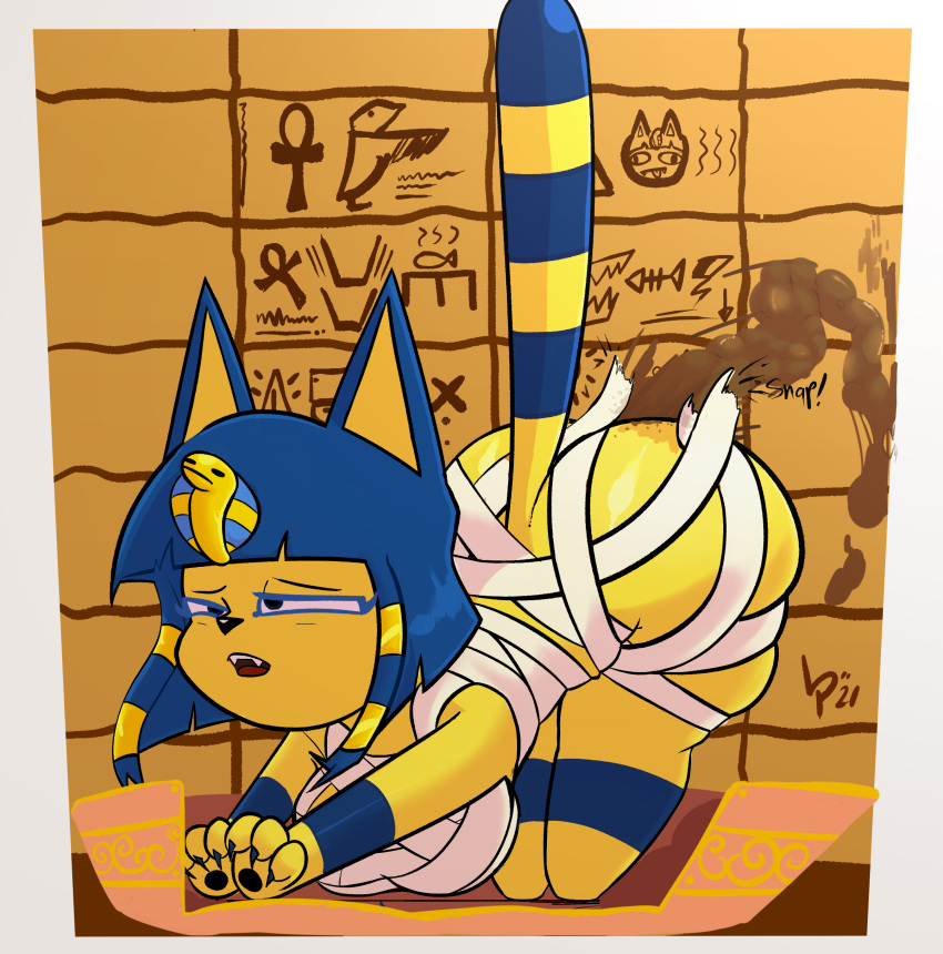 2021 absurd_res animal_crossing ankha_(animal_crossing) anthro ass_up bandage big_breasts big_butt blue_body blue_fur blue_hair breasts brown_background butt carpet clothing detailed_background domestic_cat egyptian_headdress feces felid feline felis female frown fur hair hi_res lewdpunch mammal markings nintendo open_frown open_mouth pawpads pooping relieved scat sequence short_hair short_stack simple_background solo striped_markings striped_tail stripes tail tail_markings thick_thighs torn_clothing wardrobe_malfunction wide_hips yawn yellow_body yellow_fur