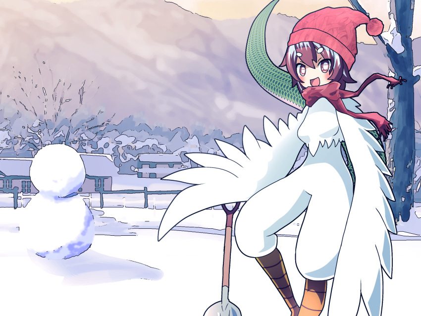 1girl beanie bird_legs blush breasts bright_pupils cashew_(user_czfn8423) cockatrice_(cashew) feathered_wings feathers harpy hat highres looking_at_viewer monster_girl multicolored_hair open_mouth original outdoors pom_pom_(clothes) pom_pom_beanie red_eyes red_hair red_headwear red_scarf scales scarf shovel small_breasts snake_tail snowman solo tail two-tone_hair white_feathers white_hair white_pupils white_wings winged_arms wings