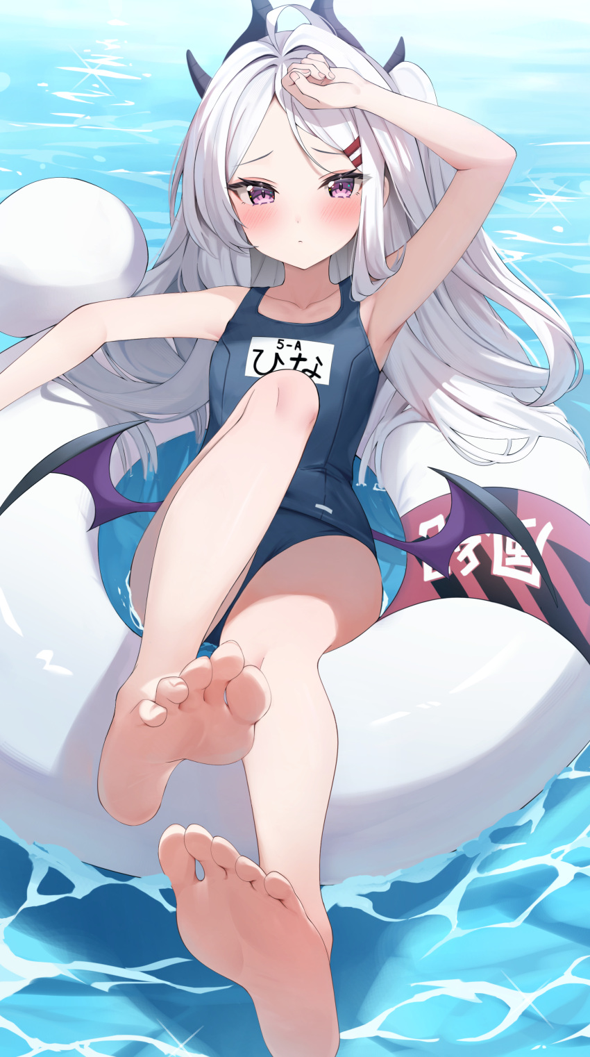 1girl absurdres ahoge armpits bare_arms bare_legs bare_shoulders barefoot black_horns black_one-piece_swimsuit blue_archive blush closed_mouth collarbone demon_horns demon_wings grey_hair highres hina_(blue_archive) hina_(swimsuit)_(blue_archive) horns innertube long_hair looking_at_viewer multiple_horns name_tag official_alternate_costume one-piece_swimsuit purple_eyes purple_wings rei_(ilust9999) school_swimsuit soles solo swim_ring swimsuit toes water wings