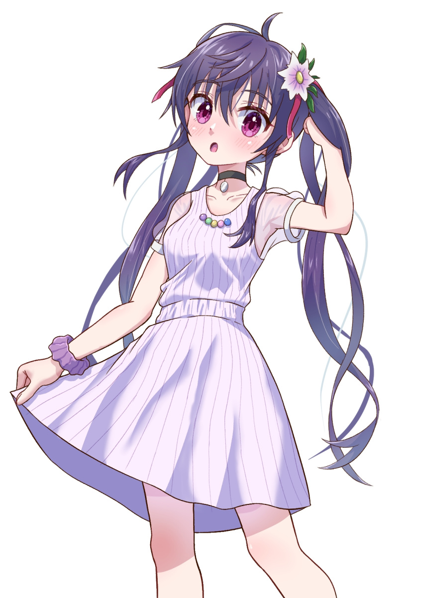 1girl blush choker commentary_request dress ebisuzawa_kurumi flower gakkou_gurashi! hair_flower hair_ornament hair_ribbon hand_up highres long_hair looking_to_the_side open_mouth pendant_choker purple_eyes purple_hair ribbon scrunchie see-through see-through_sleeves short_sleeves skirt_hold solo striped_clothes striped_dress twintails user_pcsh3757 vertical-striped_clothes vertical-striped_dress very_long_hair wrist_scrunchie