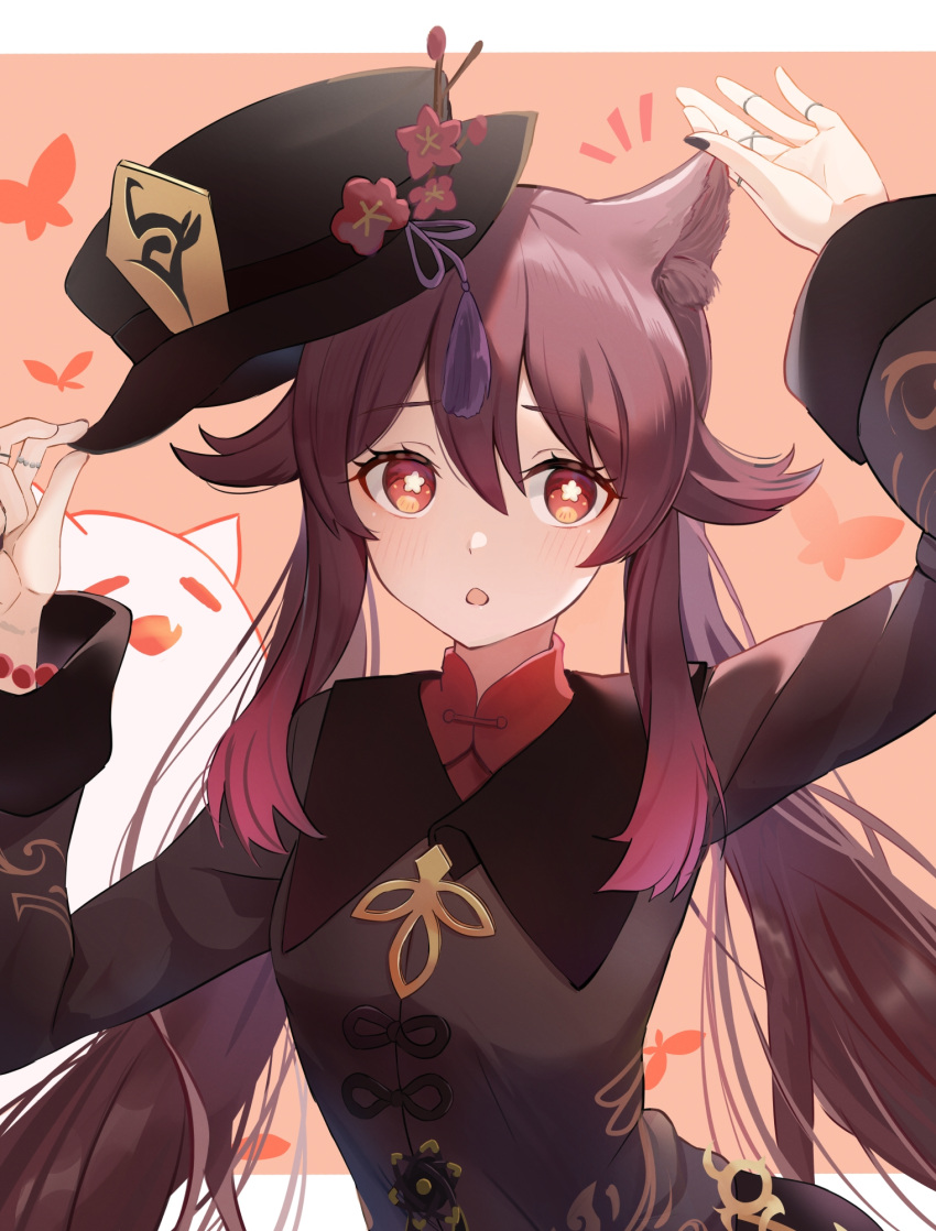 1girl animal_ears arm_up black_headwear black_jacket black_nails brown_hair cat_ears chestnut_mouth eyelashes flower genshin_impact gradient_hair hair_between_eyes hat hat_flower highres holding holding_clothes holding_hat hu_tao_(genshin_impact) jacket jewelry kemonomimi_mode long_hair long_sleeves looking_at_viewer multicolored_hair nail_polish open_mouth red_eyes red_flower red_hair red_shirt ring sera_narumu shirt solo symbol-shaped_pupils twintails upper_body very_long_hair