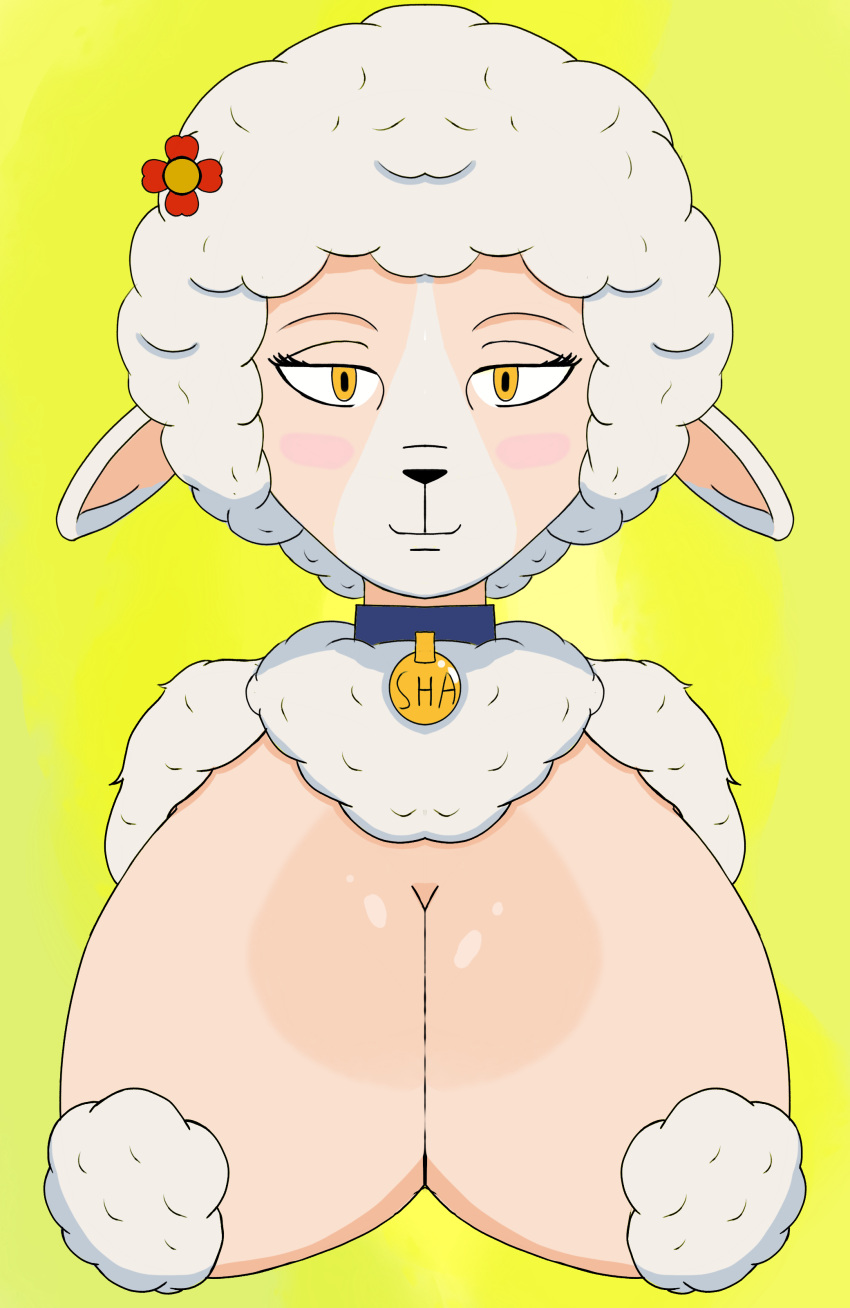 absurd_res accessory anthro anuvisur_(artist) big_breasts blush bovid breasts caprine collar collar_only digital_media_(artwork) domestic_sheep female flower fur hair happy hi_res huge_breasts looking_at_viewer mammal nipple_covers nude plant sha_(twf) sheep simple_background smile smiling_at_viewer solo the_walten_files wet_breasts white_body white_fur wool_(fur) yellow_eyes