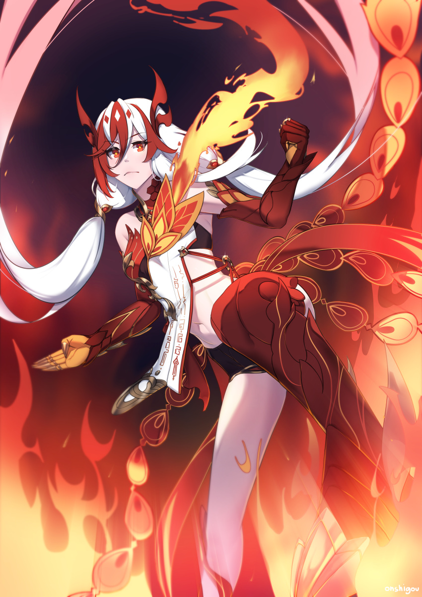 1girl absurdres animal_hands animal_legs bare_shoulders black_shorts black_sports_bra breasts chinese_clothes claws closed_mouth detached_sleeves elbow_gloves fire fu_hua fu_hua_(fenghuang_of_vicissitude) gloves hair_between_eyes highres honkai_(series) honkai_impact_3rd long_hair looking_at_viewer low-tied_long_hair low_twintails multicolored_hair navel onshigou red_eyes red_gloves red_hair red_rope red_scales rope short_shorts shorts small_breasts solo sports_bra sportswear standing standing_on_one_leg stomach streaked_hair symbol-shaped_pupils tail thighs twintails two-tone_hair white_hair yellow_pupils