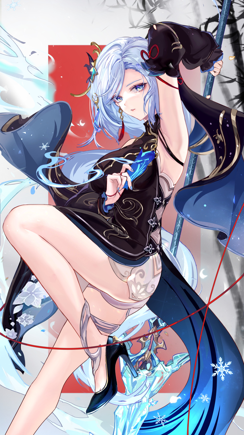 1girl absurdres arm_up black_dress black_footwear black_sleeves blue_eyes blue_hair blue_nails breasts commentary_request detached_sleeves dress earrings foot_out_of_frame genshin_impact high_heels highres holding holding_polearm holding_weapon jewelry knee_up long_hair looking_at_viewer official_alternate_costume parted_bangs parted_lips polearm shenhe_(frostflower_dew)_(genshin_impact) shenhe_(genshin_impact) shorts sideboob sleeveless sleeveless_dress snowflakes solo spear tassel tassel_earrings vardan very_long_hair weapon white_shorts