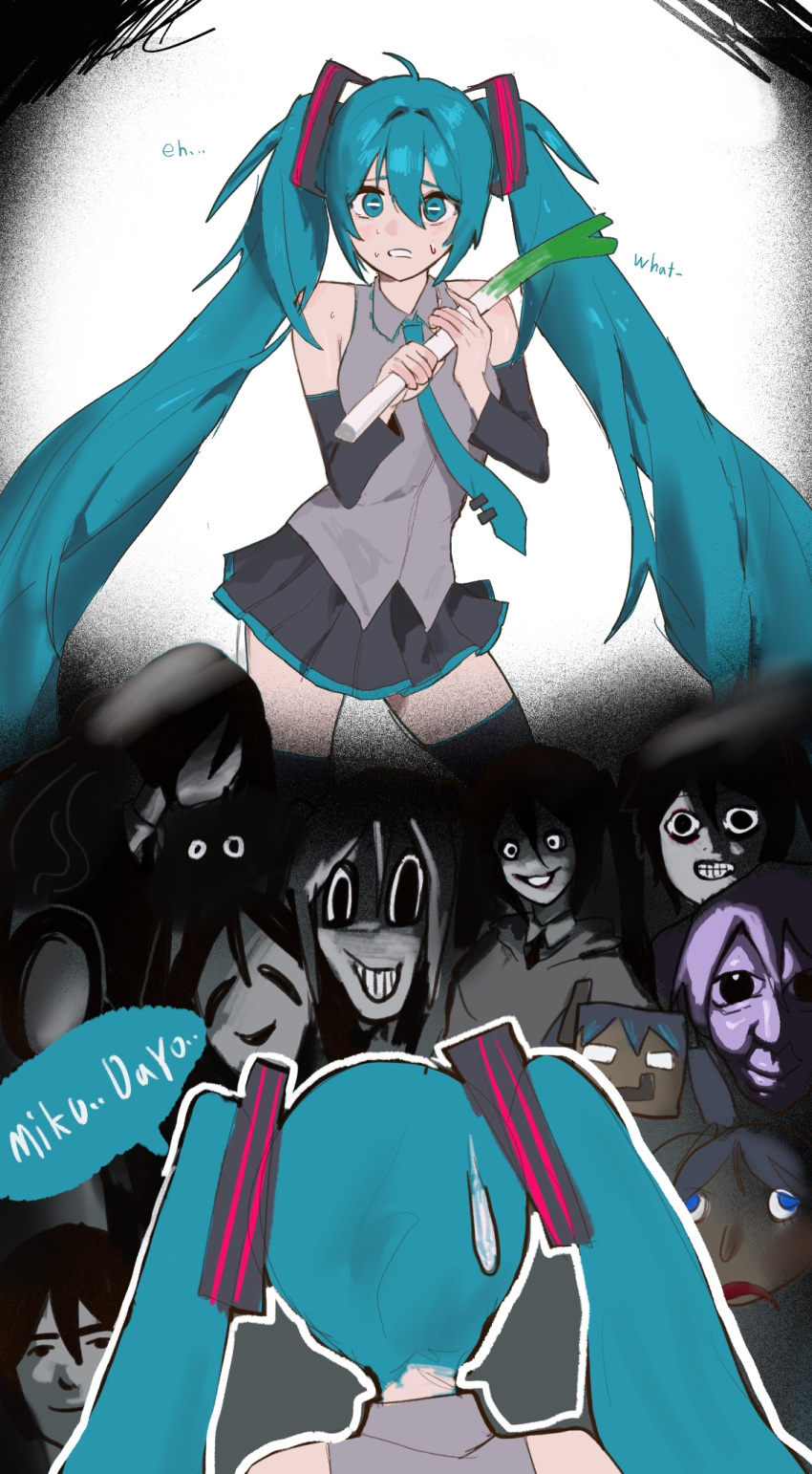 ao_oni baldi baldi's_basics blue_eyes blue_hair character_request collared_shirt commentary copyright_request cosplay creepypasta detached_sleeves english_commentary hair_ornament hatsune_miku hatsune_miku_(cosplay) herobrine highres holding horror_(theme) jeff_the_killer long_hair long_sleeves minecraft necktie open_mouth pleated_skirt radon86_nya shirt skirt sleeveless sleeveless_shirt slender_man spring_onion steve_(minecraft) sweat sweatdrop the_oni_(ao_oni) the_walten_files thighhighs uboa very_long_hair vocaloid yume_nikki