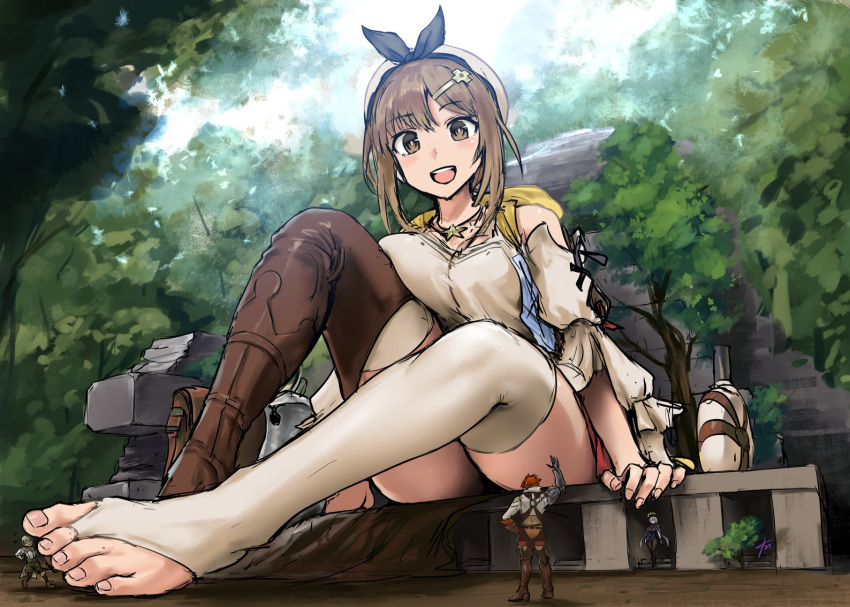 2boys 2girls :d ^^^ atelier_(series) atelier_ryza atelier_ryza_1 black_pantyhose boots bridal_legwear brown_bag brown_eyes brown_hair canteen ebizome feet flying_sweatdrops forest gauntlets giant giantess glasses hair_ornament hairclip hat highres jewelry lent_marslink lila_decyrus low_twintails multiple_boys multiple_girls nature necklace oversized_object pantyhose reisalin_stout ruins shorts signature single_gauntlet single_thigh_boot sitting size_difference smile stairs standing tao_mongarten teeth thigh_boots thighhighs tree twintails upper_teeth_only waving white_thighhighs