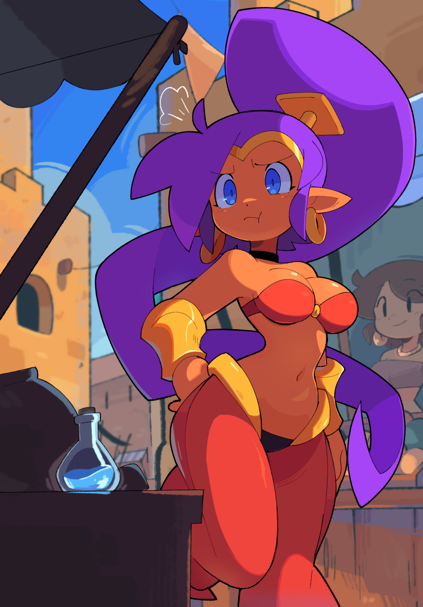 2girls absurdres bacun bare_shoulders blue_eyes breasts closed_mouth dark-skinned_female dark_skin day hand_on_own_hip highres hoop large_breasts long_hair multiple_girls outdoors pointy_ears ponytail pout purple_hair shantae shantae_(series)