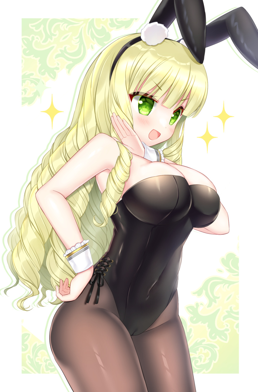 1girl :d animal_ears black_hairband black_leotard blush breasts brown_pantyhose cameltoe cleavage commission copyright_request covered_navel drill_hair green_eyes green_hair hairband hand_on_own_hip hand_up highres large_breasts leotard long_hair pantyhose playboy_bunny rabbit_ears shikito skeb_commission smile solo sparkle strapless strapless_leotard v-shaped_eyebrows very_long_hair white_background wrist_cuffs