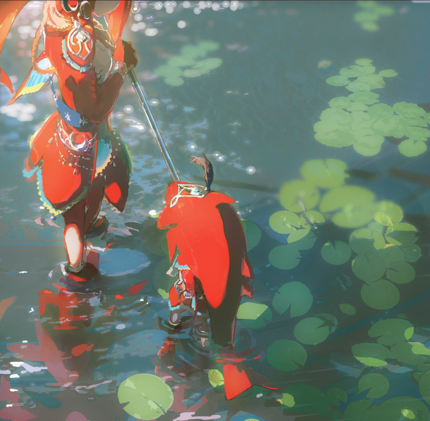 1boy 1girl aged_down colored_skin fins fish_boy fish_girl head_tail headgear highres holding holding_polearm holding_weapon lily_pad mipha monster_boy monster_girl nature polearm pond red_skin redum4 reflection ripples sidon the_legend_of_zelda the_legend_of_zelda:_breath_of_the_wild water weapon zora
