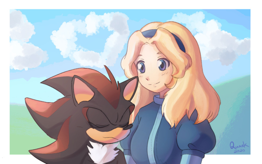 1boy 1girl 2020 blonde_hair border closed_eyes cloud furry furry_male heart-shaped_cloud maria_robotnik outside_border quark196 shadow_the_hedgehog signature sonic_(series) split_mouth upper_body white_border white_fur