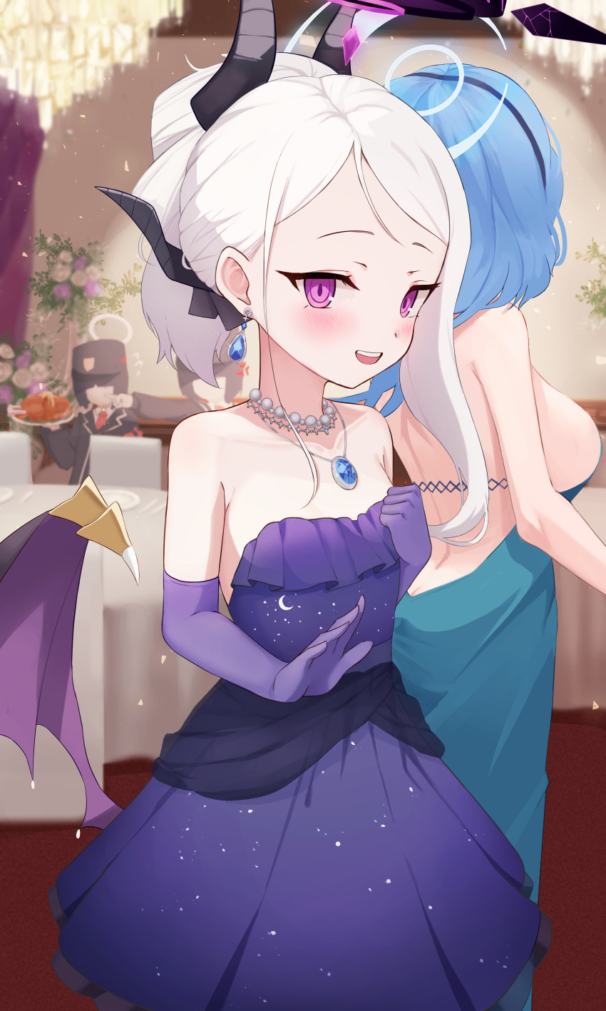 2girls absurdres ako_(dress)_(blue_archive) asymmetrical_hair bare_shoulders blue_archive blush breasts chinese_commentary commentary_request demon_girl demon_horns demon_wings dress elbow_gloves gloves halo highres hina_(blue_archive) hina_(dress)_(blue_archive) horns jewelry jixo_(user_nzhc8728) looking_at_viewer multiple_girls necklace official_alternate_costume open_mouth parted_bangs pearl_necklace pendant purple_dress purple_eyes purple_gloves purple_halo small_breasts solo solo_focus strapless strapless_dress teeth upper_teeth_only variant_set white_hair wings