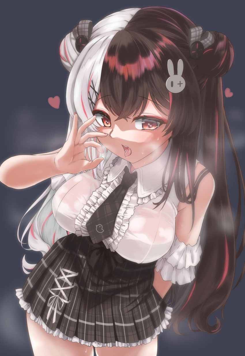 1girl absurdres black_necktie black_skirt breasts center_frills cowboy_shot detached_sleeves double_bun fellatio_gesture frilled_skirt frills hair_bun hair_ornament hair_ribbon handjob_gesture heart heart-shaped_pupils high-waist_skirt highres kani_no_miso leaning_to_the_side long_hair looking_at_viewer medium_breasts miniskirt multicolored_hair necktie nijisanji official_alternate_costume open_mouth oral_invitation pink_nails plaid_necktie pleated_skirt rabbit_hair_ornament red_eyes ribbon saliva sexually_suggestive shirt skirt sleeveless sleeveless_shirt smile solo split-color_hair streaked_hair symbol-shaped_pupils tongue tongue_out very_long_hair virtual_youtuber white_shirt wing_collar x_hair_ornament yorumi_rena yorumi_rena_(11th_costume)
