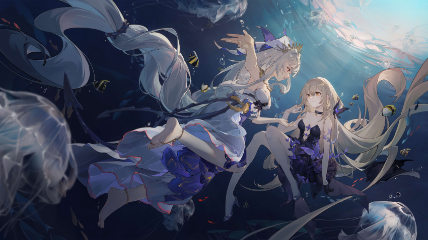 2girls absurdres alchemy_stars anklet areia_(alchemy_stars) armpits asona barefoot blonde_hair breasts brown_eyes choker closed_mouth connolly_(alchemy_stars) dappled_sunlight dress fish frilled_dress frills game_cg hair_between_eyes hair_tie high_heels highres jellyfish jewelry long_hair looking_at_another md5_mismatch medium_breasts multiple_girls necklace official_art open_mouth purple_dress red_eyes resolution_mismatch smile soles source_smaller stiletto_heels strapless strapless_dress sunlight third-party_source toes underwater veil very_long_hair white_dress white_hair