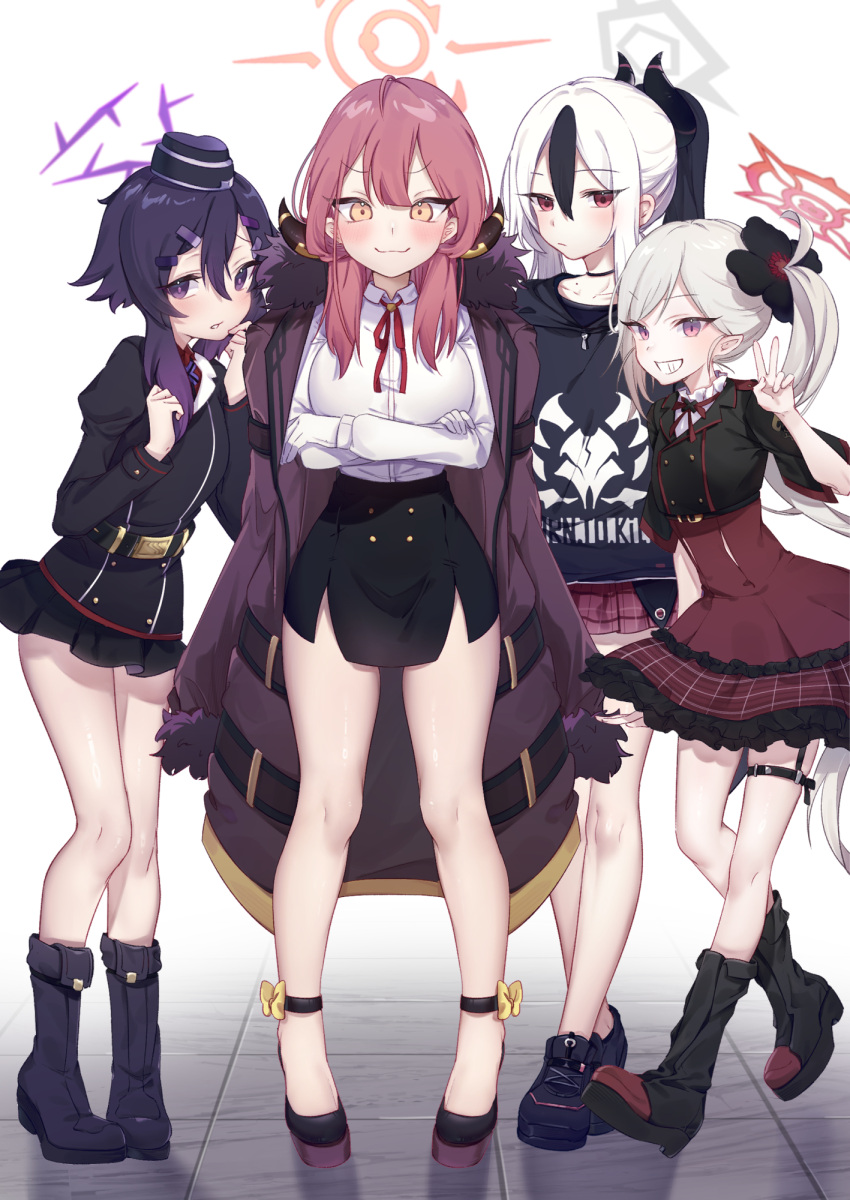 4girls aru_(blue_archive) bare_legs black_hair blue_archive blush breasts coat coat_on_shoulders crossed_arms demon_horns full_body fur-trimmed_coat fur_trim garrison_cap grey_hair halo haruka_(blue_archive) hat high-waist_skirt highres horns kayoko_(blue_archive) large_breasts looking_at_viewer military_uniform multiple_girls mutsuki_(blue_archive) pink_hair ponytail problem_solver_68_(blue_archive) purple_hair side_ponytail skirt tile_floor tiles uniform white_hair xiao_jian