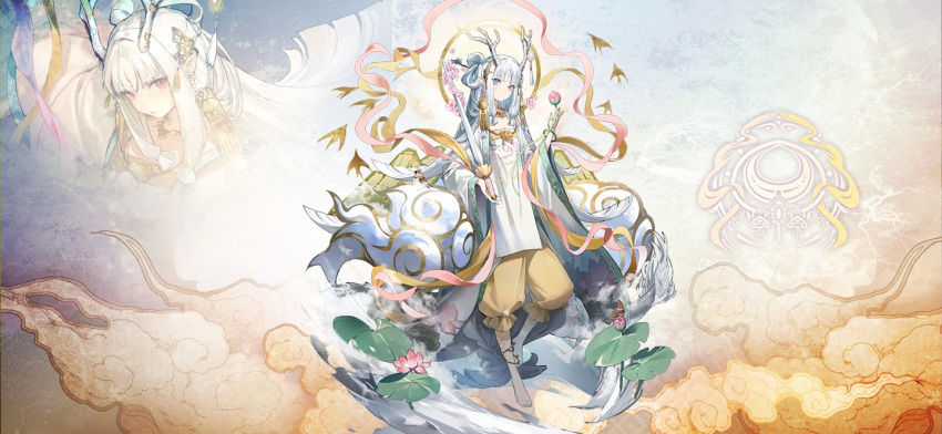 1girl above_clouds alchemy_stars antlers baggy_pants barefoot bird brown_pants bud chen'ni cloud dragon_horns flat_chest hair_bun halo holding holding_sword holding_weapon horns lily_pad long_bangs looking_at_viewer multiple_views official_art pants purple_eyes second-party_source single_hair_ring sword toes weapon white_tunic