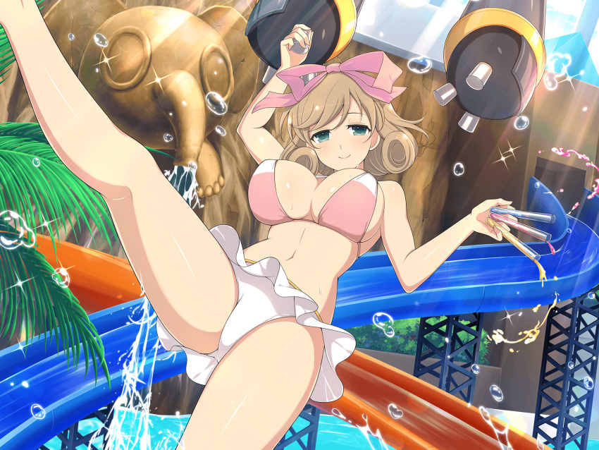 1girl bikini bikini_skirt blush bow breasts brown_hair bush chemicals cleavage curly_hair elephant_statue green_eyes groin hair_bow hair_ribbon half-closed_eyes haruka_(senran_kagura) highres holding holding_test_tube indoors large_breasts light_particles linea_alba looking_at_viewer mechanical_arms midair navel official_art palm_leaf palm_tree pink_bikini pink_bow plant pool ribbon robot senran_kagura senran_kagura_estival_versus senran_kagura_new_link senran_kagura_shoujo-tachi_no_shin'ei shiny_skin short_hair slide smile solo sparkle swimsuit swimsuit_skirt test_tube tree vial water water_drop water_slide waterfall waterpark white_bikini yaegashi_nan