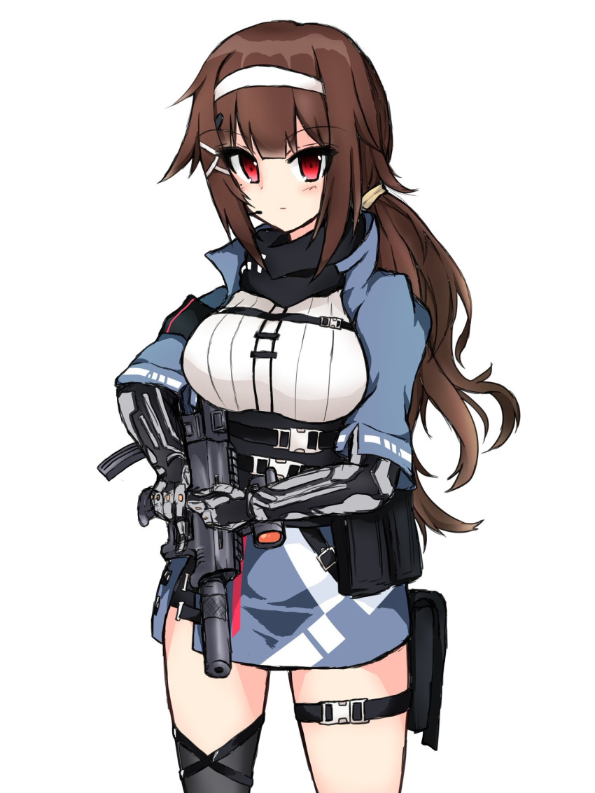 1girl blue_dress blush breasts brown_hair bullpup closed_mouth commentary_request cowboy_shot dress girls'_frontline gun highres holding holding_gun holding_weapon js_9_(girls'_frontline) koppa_(mgim4428000) long_hair looking_at_viewer microphone red_eyes scope simple_background solo submachine_gun thigh_pouch thigh_strap thighs weapon white_background