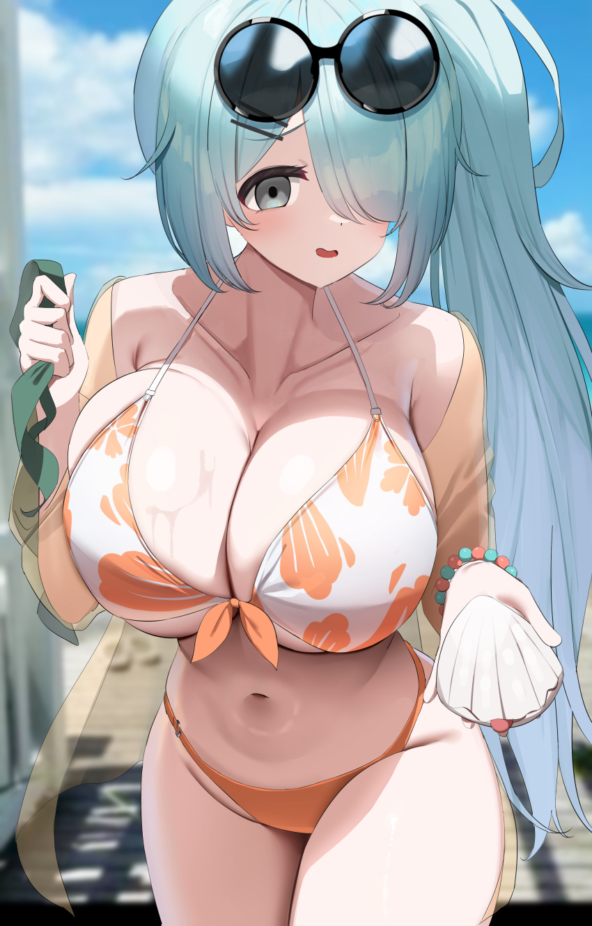 1girl absurdres aqua_hair bare_shoulders beach bikini blue_archive bracelet breasts cleavage collarbone eyewear_on_head front-tie_bikini_top front-tie_top hair_ornament hair_over_one_eye hairclip highres hiyori_(blue_archive) hiyori_(swimsuit)_(blue_archive) jewelry large_breasts long_hair looking_at_viewer navel nicorima official_alternate_costume outdoors round_eyewear seashell shell smile solo standing sunglasses swimsuit thighs very_long_hair wet
