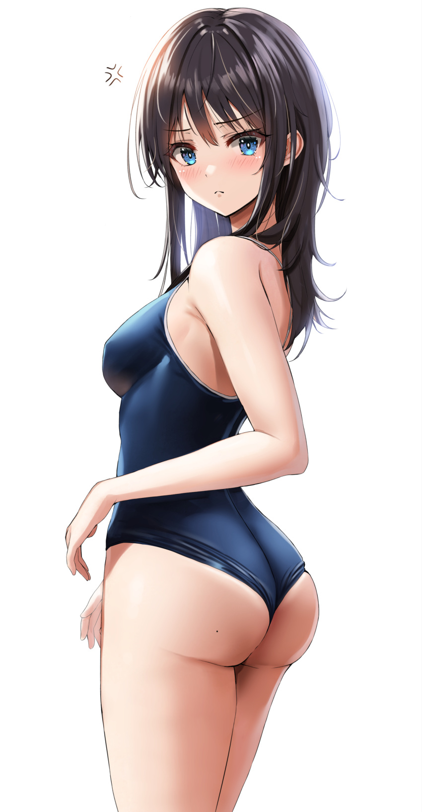 1girl absurdres anger_vein ass bare_arms black_hair blonde_hair blue_eyes blue_one-piece_swimsuit breasts commentary_request competition_school_swimsuit covered_nipples from_behind highres long_hair looking_at_viewer looking_back medium_breasts mole mole_on_ass one-piece_swimsuit open_mouth original school_swimsuit simple_background solo standing swimsuit thighhighs two-tone_swimsuit white_background white_thighhighs yukemuriganmo