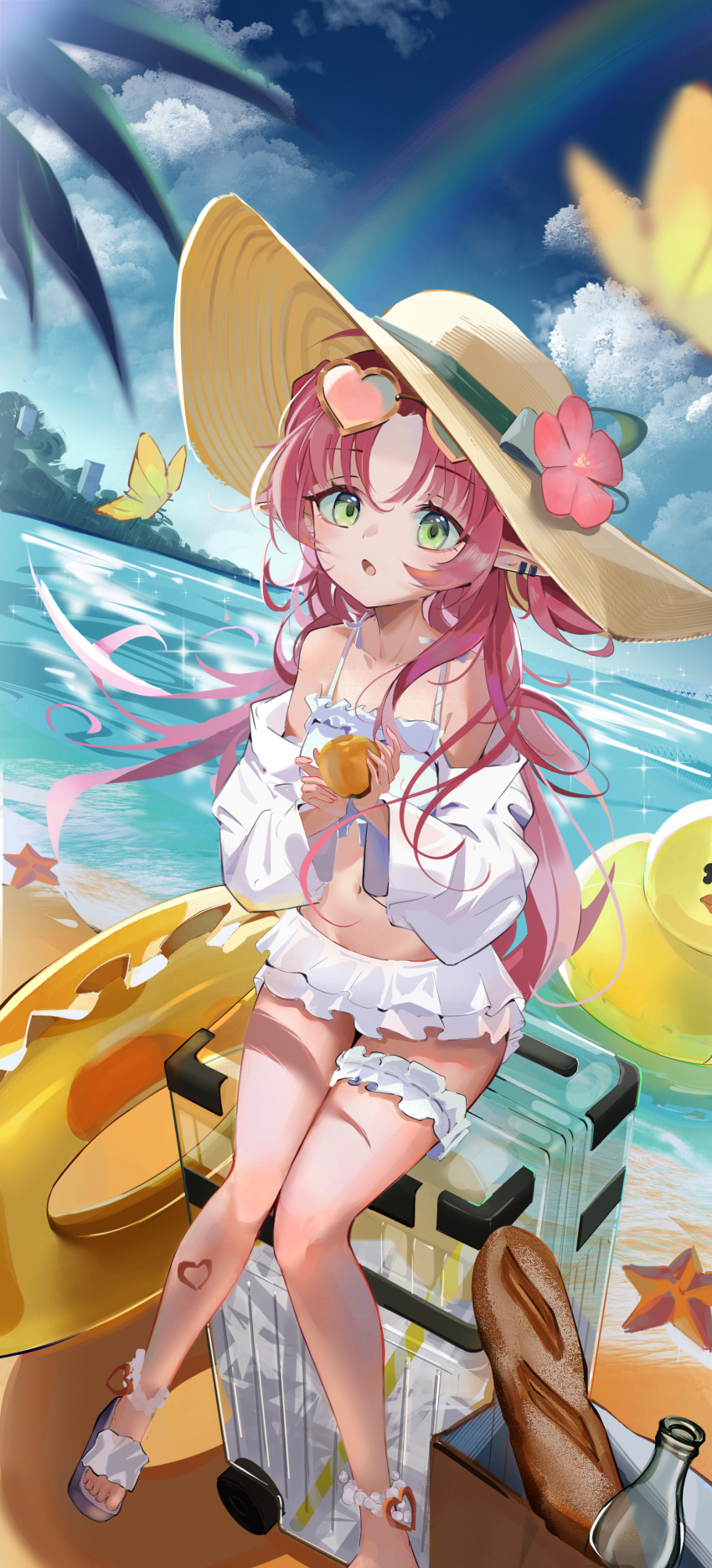 1girl absurdres anklet apple arknights baguette bare_shoulders beach bikini bikini_skirt blue_sky blush bread breasts bridal_garter chinese_commentary cloud commentary_request day ear_piercing eyewear_on_head flower food foot_out_of_frame frilled_bikini frilled_innertube frills fruit full_body golden_apple green_eyes hat hat_flower heart heart-shaped_eyewear highres holding holding_food holding_fruit jewelry knees_together_feet_apart long_hair long_sleeves myrtle_(arknights) myrtle_(summer_flowers)_(arknights) navel ocean official_alternate_costume open_mouth outdoors piercing pointy_ears red_flower red_hair rolling_suitcase sandals sitting sky small_breasts solo starfish suitcase sun_hat sunglasses swimsuit toes white_bikini yellow_headwear yellow_innertube yi_zhi_kewu_de_shuita