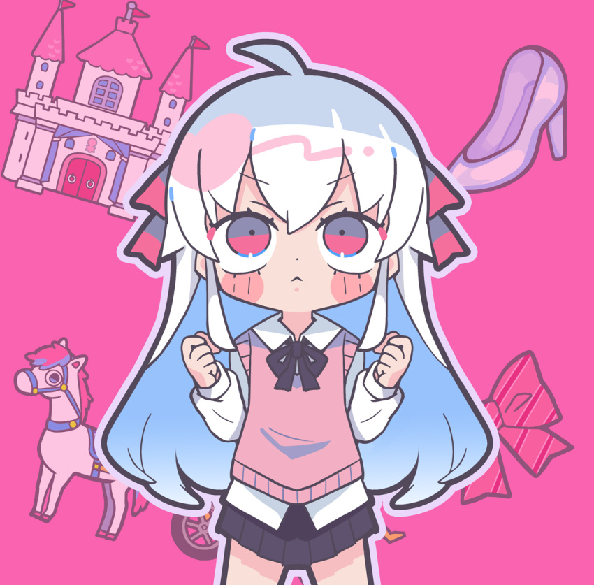 1boy :&lt; ahoge animal black_skirt blush_stickers bow castle chibi clenched_hands hair_between_eyes hair_ribbon high_heels indie_utaite looking_up mafumafu official_art otoko_no_ko outline pink_background pink_bow pink_eyes pink_ribbon pink_sweater pink_theme pleated_skirt pony_(animal) ribbon shirt sidelocks skirt solo sweater terada_tera white_hair white_outline white_shirt