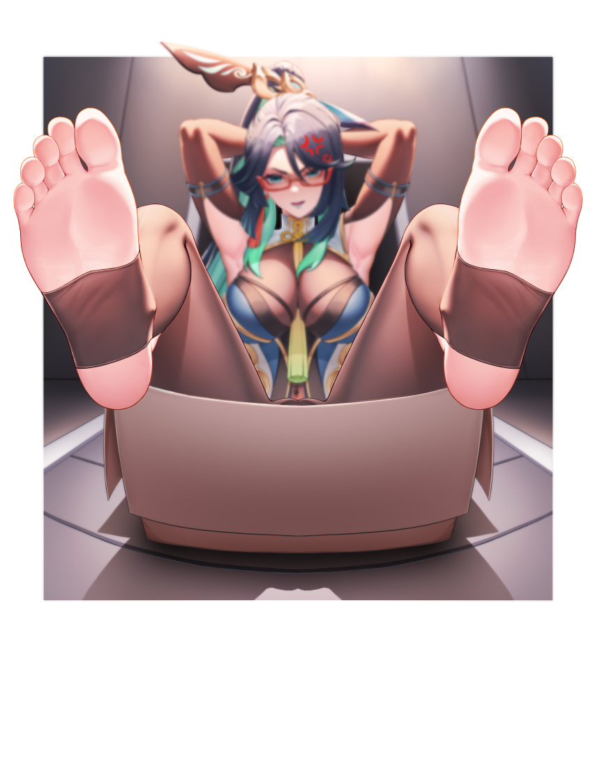 1girl absurdres anger_vein angry aqua_eyes armpits barefoot black_hair blurry blush box breasts cardboard_box colored_inner_hair depth_of_field earrings feet feet_up foot_focus foreshortening genshin_impact glasses hair_ornament highres in_box in_container jewelry large_breasts legs long_hair looking_at_viewer mimuxiao multicolored_hair no_shoes open_mouth perspective presenting_foot red-framed_eyewear semi-rimless_eyewear soles solo stirrup_legwear tassel tassel_earrings toeless_legwear toes two-tone_hair very_long_hair xianyun_(genshin_impact)