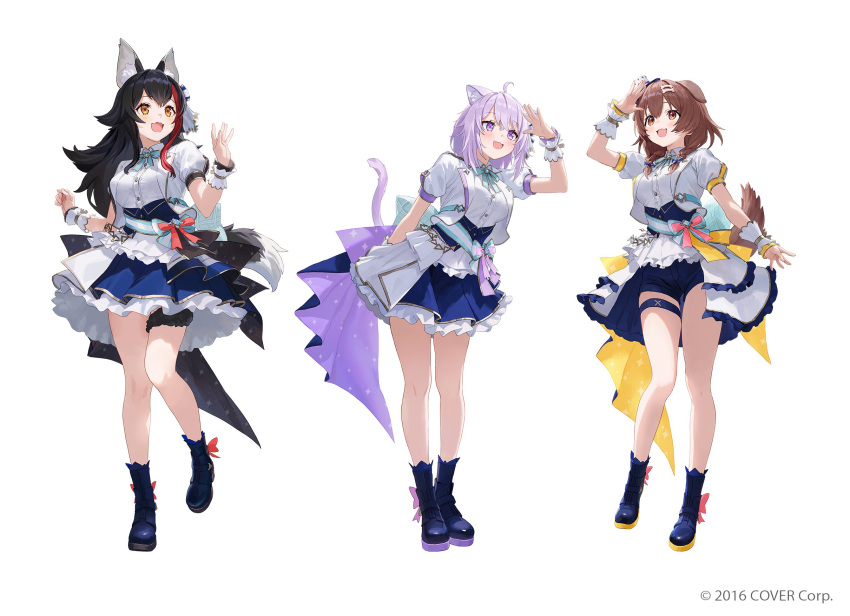 3girls :d ahoge animal_ear_fluff animal_ears ankle_boots aqua_bow aqua_bowtie aqua_gemstone aqua_sash arm_behind_back back_bow beads black_hair black_ribbon black_skirt blue_bow blue_corset blue_footwear blue_shorts blue_skirt blush bone_hair_ornament boots bow bowtie braid breasts brooch brown_eyes brown_hair buttons cat_ears cat_girl cat_tail collared_jacket commentary_request company_name copyright_notice corset crossed_bangs dog_ears dog_girl dog_tail dot_nose double-parted_bangs dress dress_shirt eyelashes fang fangs footwear_bow frilled_skirt frills full_body gold_ribbon gold_trim hair_between_eyes hair_bow hair_ornament hair_ribbon hand_up hat high_heel_boots high_heels highres hololive hololive_idol_uniform_(bright) idol idol_clothes inugami_korone jacket jewelry lapel_pin lapels large_bow layered_skirt leaning_forward leg_up long_hair looking_up low-tied_medium_hair matsuo_shogo medium_hair mini_hat multicolored_hair multiple_girls nekomata_okayu notched_lapels official_alternate_costume official_art ookami_mio open_clothes open_jacket open_mouth overskirt pink_bow plaid plaid_bow puffy_short_sleeves puffy_sleeves purple_bow purple_dress purple_eyes purple_hair purple_ribbon red_bow red_hair ribbon sash sash_bow shading_eyes shirt short_shorts short_sleeves shorts showgirl_skirt sidelocks simple_background skin_fang skin_fangs skirt smile sparkle_print sparkling_eyes standing standing_on_one_leg streaked_hair striped_bow striped_sash tail thigh_strap thighs top_hat tress_ribbon twin_braids two-sided_fabric two-sided_skirt two-tone_hair underbust virtual_youtuber w_arms waving white_background white_bow white_headwear white_jacket white_sash white_shirt white_skirt white_wrist_cuffs wolf_ears wolf_girl wolf_tail wrist_cuffs wrist_ribbon yellow_eyes yellow_ribbon