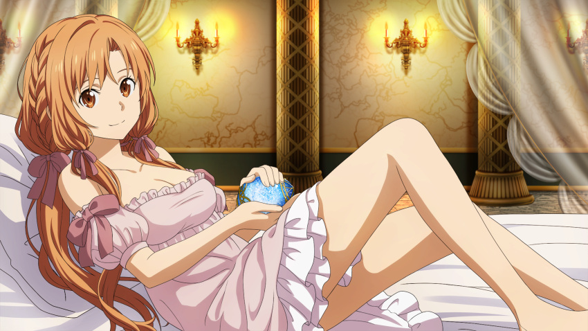 1girl asuna_(sao) bare_legs bed_sheet braid breasts brown_eyes brown_hair candelabra candlestand cleavage closed_mouth curtains dress game_cg hair_ribbon highres indoors layered_dress long_hair looking_at_viewer medium_breasts multicolored_clothes multicolored_dress off-shoulder_dress off_shoulder official_art pillow pink_dress pink_ribbon pink_sleeves ribbon short_dress short_sleeves sleepwear smile solo sword_art_online sword_art_online_last_recollection very_long_hair white_dress