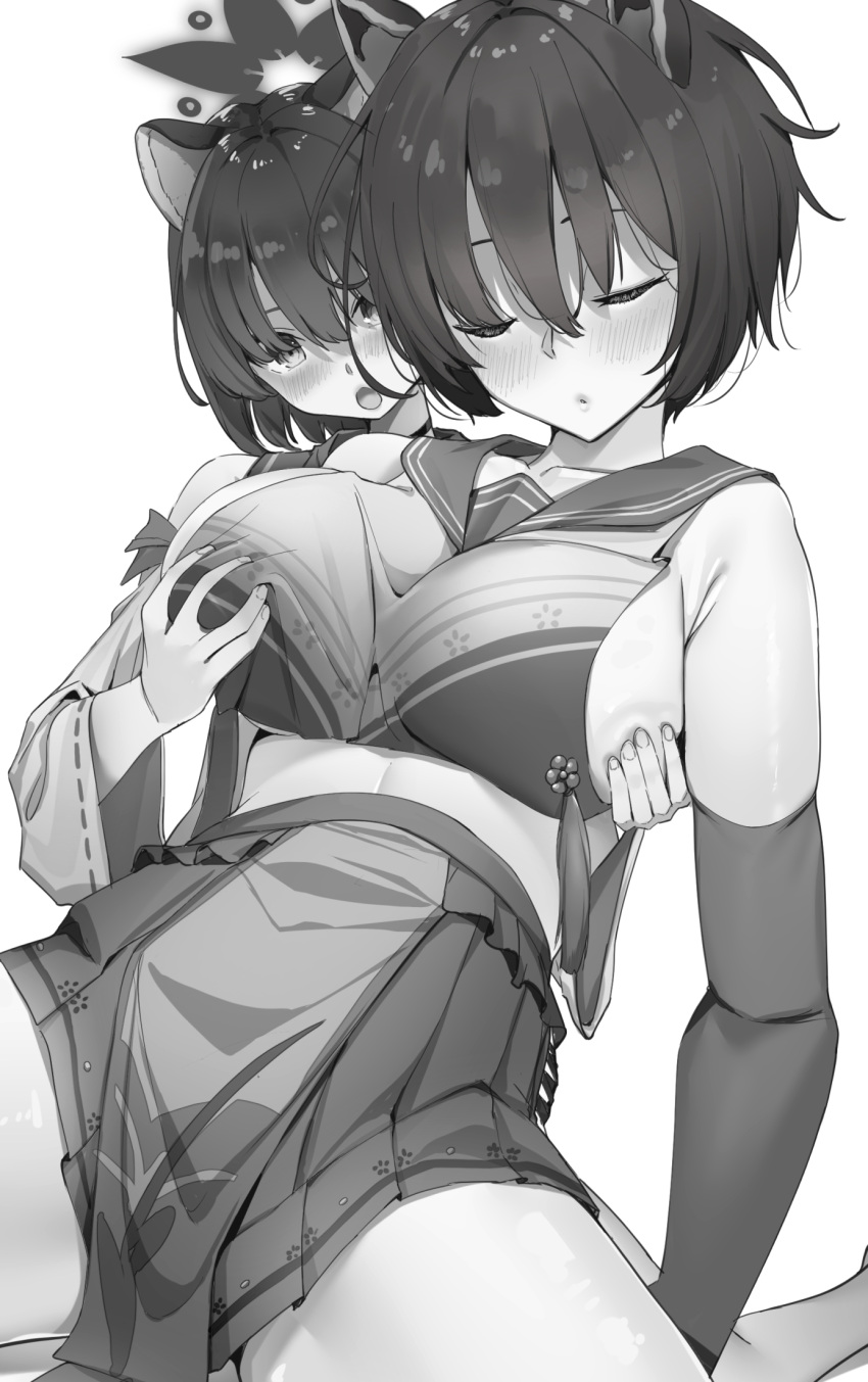 2girls animal_ears blue_archive blush breast_curtains closed_mouth commentary detached_sleeves elbow_gloves gloves grabbing grabbing_another's_breast grabbing_from_behind greyscale halo highres kaede_(blue_archive) monochrome multiple_girls open_mouth raccoon_ears raccoon_girl ratsuku_kinoko short_hair simple_background skirt tsubaki_(blue_archive) white_background yuri