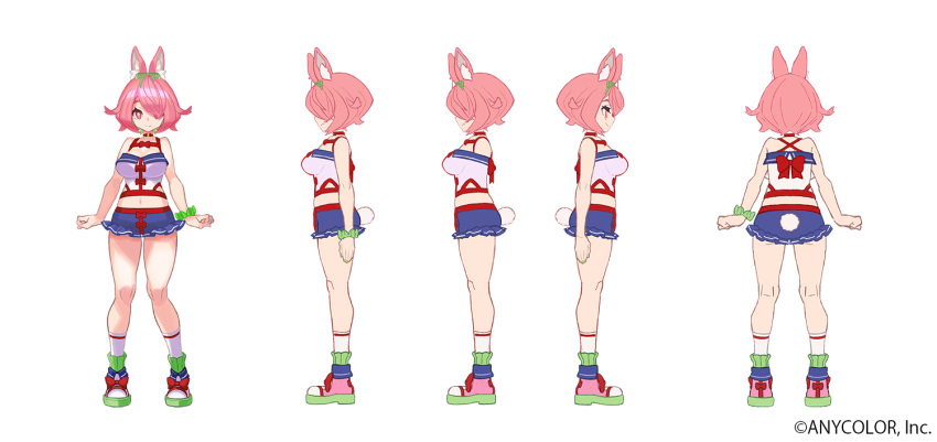 1girl animal_ears azuchi_momo azuchi_momo_(1st_costume) bare_shoulders blue_shorts breasts choker closed_mouth copyright_name copyright_notice crop_top full_body green_ribbon green_scrunchie hair_over_one_eye hair_ribbon large_breasts looking_at_viewer multiple_views navel nijisanji official_art pink_eyes pink_hair rabbit_ears rabbit_tail red_choker reference_sheet ribbon scrunchie second-party_source shirt shoes short_shorts shorts simple_background sleeveless smile sneakers socks tachi-e tail virtual_youtuber white_background white_shirt white_socks wrist_scrunchie yuuki_(irodo_rhythm)