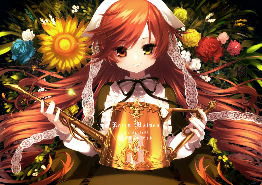 1girl absurdres bangs black_ribbon brown_hair character_name commentary copyright_name dress drill_hair fingernails floral_background flower frills green_eyes headdress heterochromia highres holding holding_watering_can lace light_particles lolita_fashion long_hair long_sleeves looking_at_viewer nagata_shuu neck_ribbon parted_lips pink_nails red_eyes ribbon rose rozen_maiden smile solo suiseiseki sunflower swept_bangs upper_body watering_can white_headwear