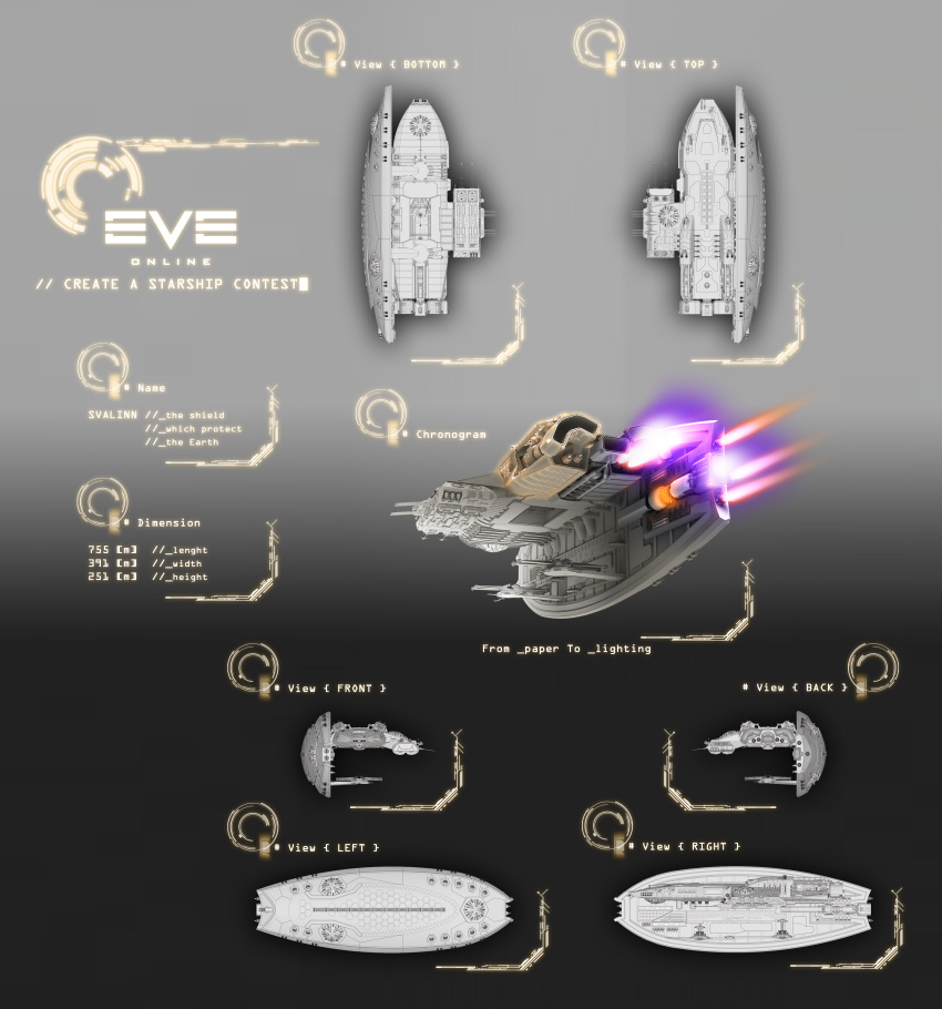3d absurdres commentary concept_art copyright_name english_text eve_online from_side glowing gradient_background grey_background grey_theme highres logo military_vehicle multiple_views no_humans original pingouin84k reference_sheet science_fiction spacecraft thrusters vehicle_focus