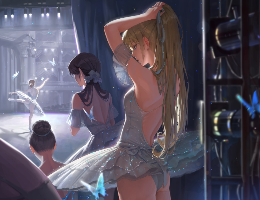 4girls absurdres arm_garter arms_up back ballerina ballet bangsom bare_back black_hair blonde_hair blue_butterfly blue_eyes breasts bug butterfly closed_mouth commentary dancing dress en_pointe english_commentary hair_bun hair_ornament hair_ribbon hair_scrunchie highres indoors long_hair looking_at_another multiple_girls original profile ribbon scrunchie shadow sidelocks small_breasts solo_focus stage_lights standing standing_on_one_leg tutu tying_hair white_dress
