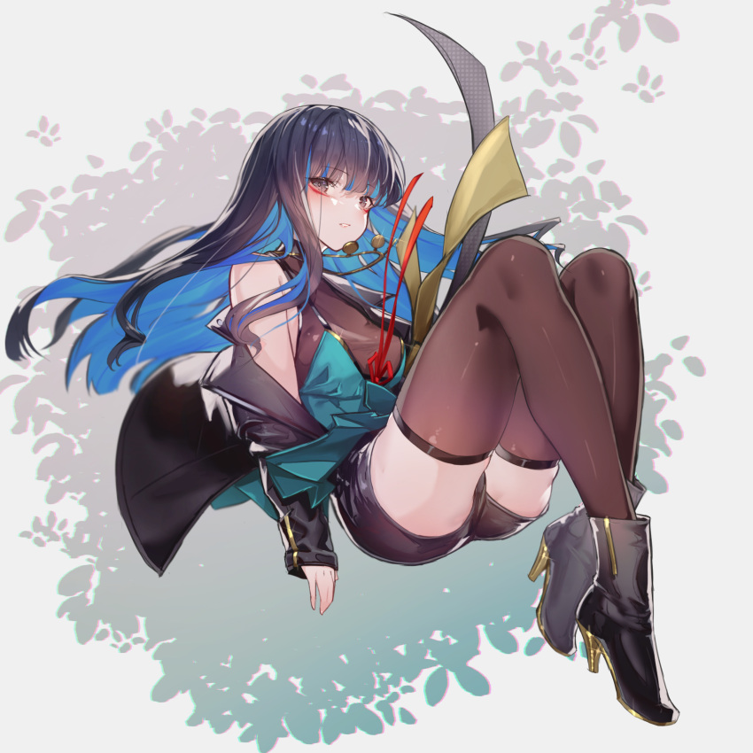 1girl black_footwear black_hair black_jacket black_shorts blue_hair boots breasts brown_thighhighs colored_inner_hair dress eyeliner fate/grand_order fate_(series) green_dress grey_eyes high_heel_boots high_heels highres jacket jewelry long_hair long_sleeves looking_at_viewer makeup multicolored_hair necklace open_clothes open_jacket parted_lips shorts sidelocks small_breasts solo tenochtitlan_(event_portrait)_(fate) tenochtitlan_(fate) thighhighs ura_illust