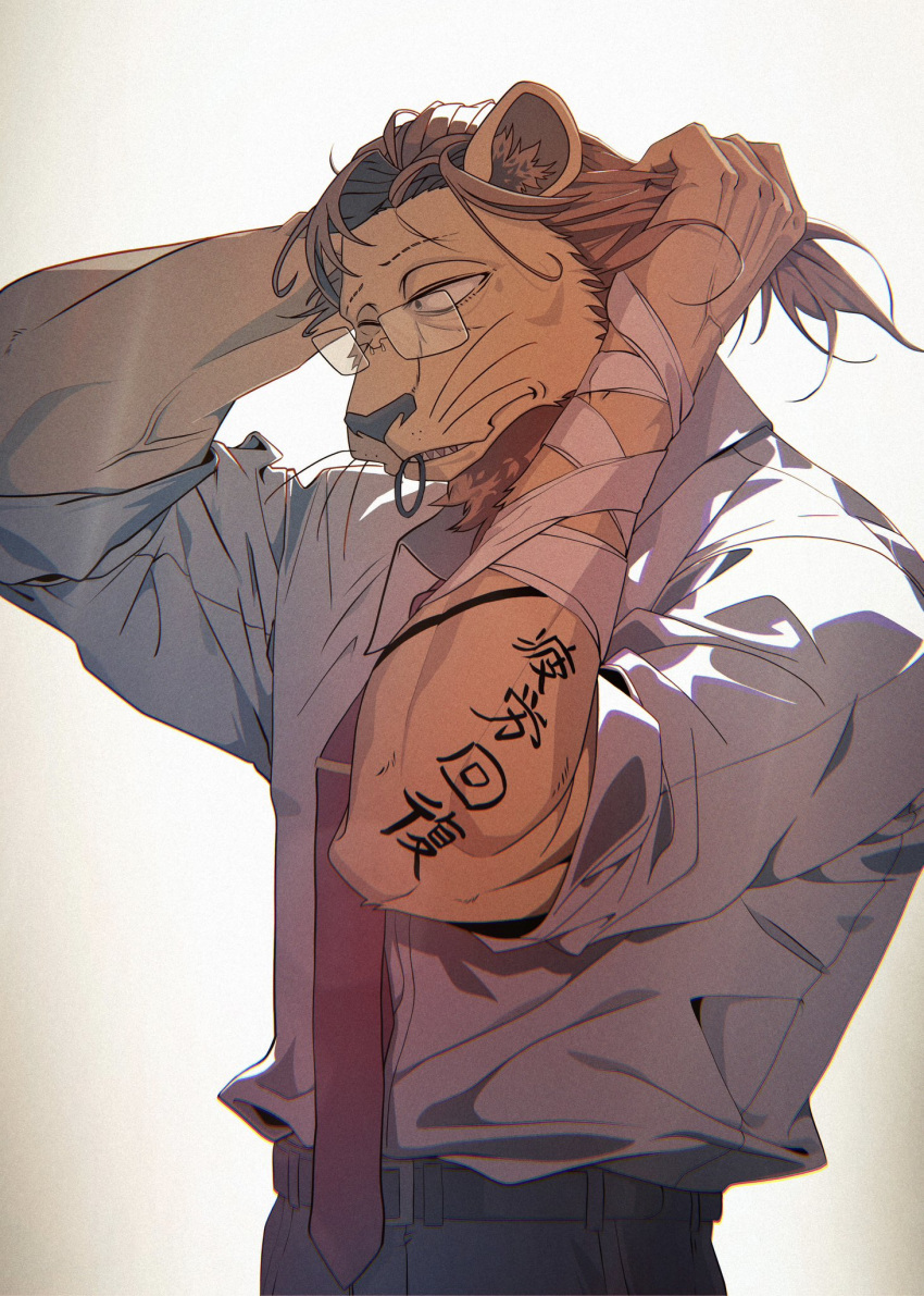 1boy animal_ears arm_tattoo bandaged_arm bandages beastars black_pants commentary furry furry_male glasses hair_tie_in_mouth highres ibuki_(beastars) lion_boy lion_ears lion_mane male_focus mouth_hold pants red_tie shirt symbol-only_commentary tattoo toro402 tying_hair white_background white_shirt