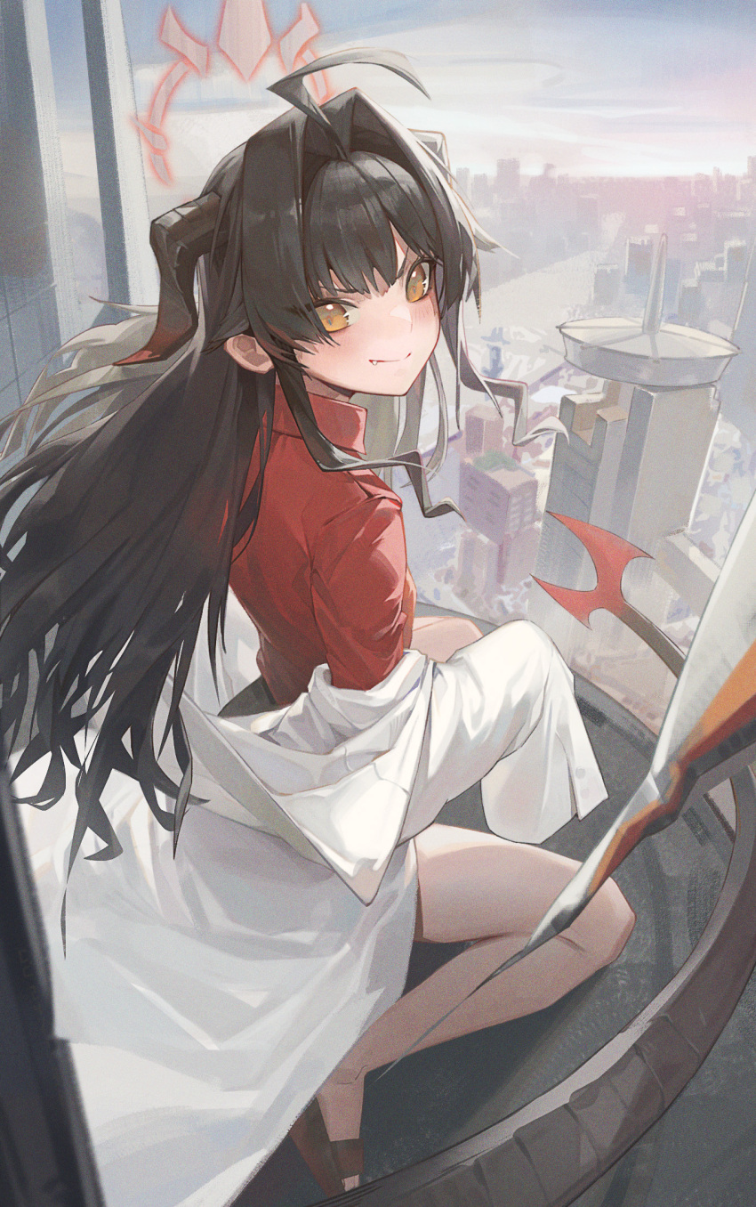 1girl ahoge bare_legs black_hair blue_archive blush cc_drawing cityscape coat demon_horns demon_tail fang fang_out hair_intakes halo highres horns kasumi_(blue_archive) lab_coat long_hair looking_at_viewer looking_back red_shirt shirt sleeves_past_fingers sleeves_past_wrists smile solo tail very_long_hair white_coat