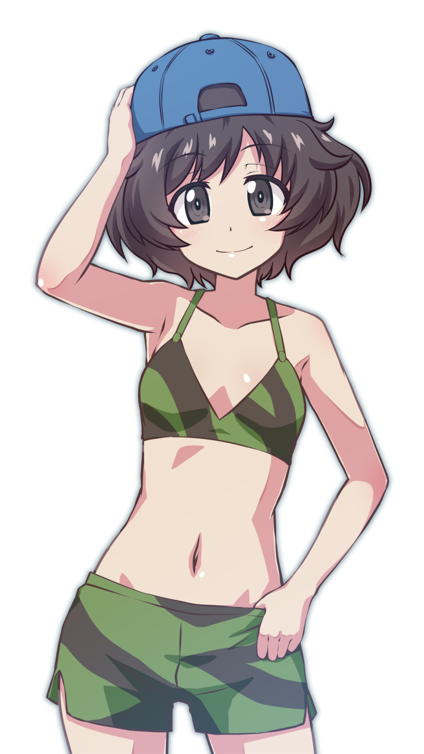 1girl akiyama_yukari baseball_cap black_eyes black_hair blue_headwear breasts camouflage collarbone condensation_trail cowboy_shot girls_und_panzer goriate green_bikini_top green_shorts hat highres looking_at_viewer messy_hair short_hair shorts simple_background small_breasts solo swimsuit white_background