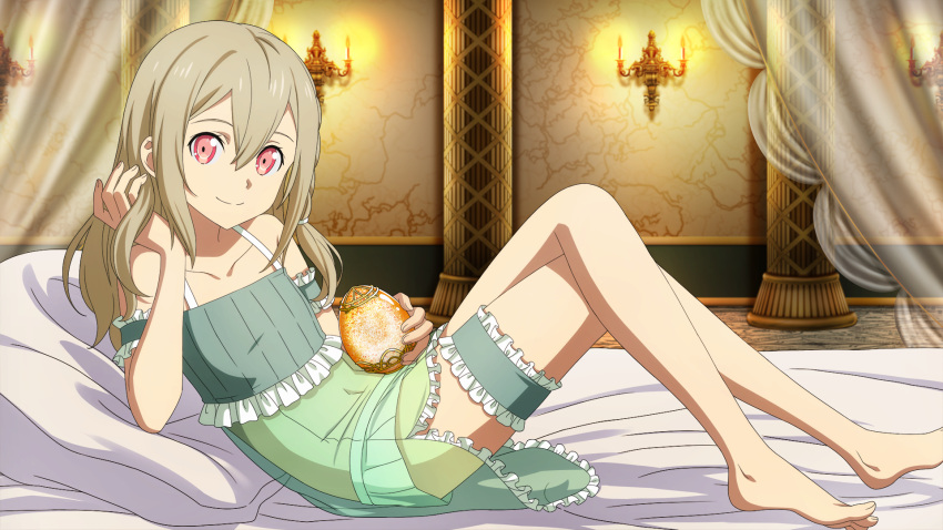 1girl arm_strap bare_arms bare_legs barefoot bed_sheet candelabra candlestand closed_mouth collarbone crossed_legs curtains dress game_cg green_dress hair_between_eyes hair_down hand_in_own_hair highres holding indoors light_brown_hair long_hair looking_at_viewer official_art on_bed pillow red_eyes short_dress silica sleepwear sleeveless sleeveless_dress smile solo straight_hair sword_art_online sword_art_online_last_recollection thigh_strap