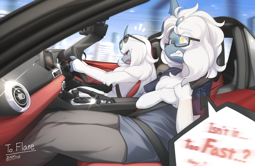 2024 3_fingers absol absurd_res anthro bottomwear car chest_tuft city city_background clawed_fingers clenched_teeth clothed clothing driving duo english_text eyewear female fingers fully_clothed fur generation_3_pokemon glasses hair hi_res horn lute_(zinfyu) nintendo open_mouth open_smile pants pokemon pokemon_(species) red_eyes shirt shocked_expression sitting smile speech_bubble teeth text tongue topwear tuft vehicle white_body white_fur white_hair yellow_eyes zinfyu