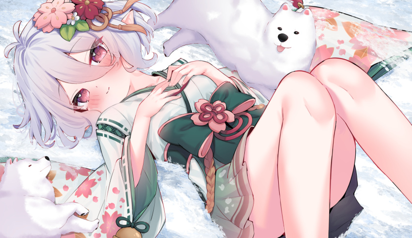 1girl animal bare_legs blush closed_mouth commentary_request commission dog dot_nose eip_(pepai) floral_print flower from_above green_kimono hair_between_eyes hair_flower hair_ornament hands_on_own_chest highres japanese_clothes kimono knees_up kokkoro_(new_year)_(princess_connect!) kokkoro_(princess_connect!) looking_at_viewer looking_up lying obi on_back on_ground outdoors pink_eyes pointy_ears princess_connect! red_hair sash short_hair short_kimono skeb_commission smile snow solo tsurime white_hair wide_sleeves