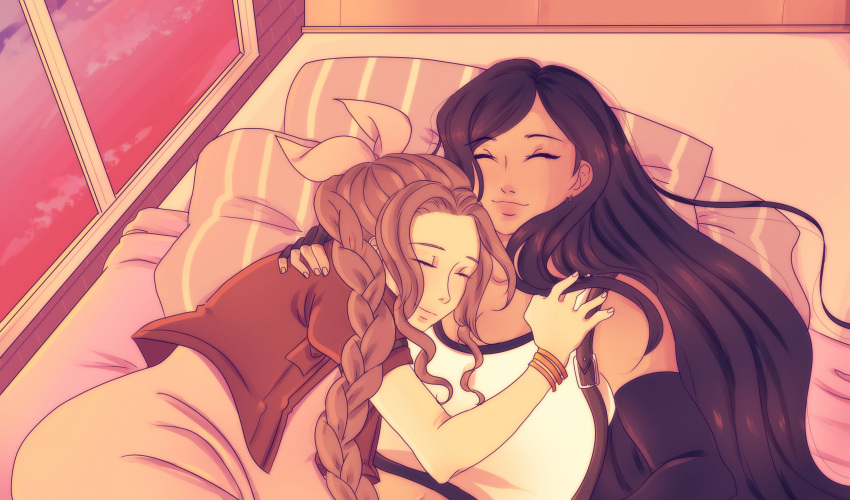 2girls absurdres aerith_gainsborough final_fantasy final_fantasy_vii final_fantasy_vii_remake hand_on_another's_shoulder highres multiple_girls okiura sleeping tifa_lockhart yuri