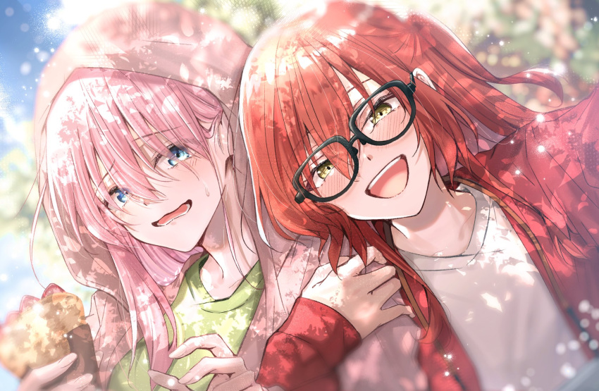 2girls black-framed_eyewear blue_eyes blush bocchi_the_rock! crepe food gotoh_hitori green_eyes green_shirt hair_between_eyes highres hood hood_up hooded_jacket jacket kita_ikuyo locked_arms long_hair multiple_girls one_side_up open_mouth pink_hair pink_jacket red_hair red_jacket rk_g1x shirt wavy_mouth white_shirt