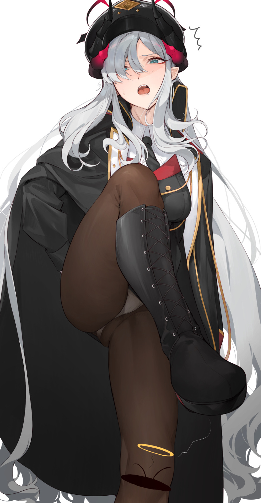 1girl ^^^ absurdres ass black_coat black_headwear black_horns black_necktie black_pantyhose blue_archive blue_eyes breasts coat coat_on_shoulders collared_shirt demon_horns foot_out_of_frame grey_hair hair_over_one_eye halo hat highres horns koyo_akio large_breasts long_hair long_sleeves looking_at_viewer makoto_(blue_archive) multiple_horns necktie open_mouth panties panties_under_pantyhose pantyhose peaked_cap pointy_ears red_halo shirt simple_background solo thighs underwear white_background white_panties white_shirt