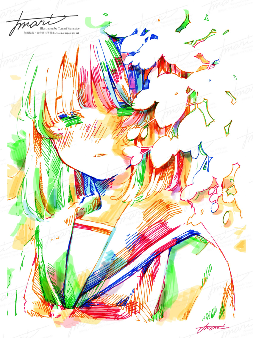 1girl artist_name blush branch colorful commentary_request green_eyes hatching_(texture) highres leaf looking_at_viewer medium_hair multicolored_hair original parted_lips sailor_collar school_uniform serafuku signature simple_background solo straight_hair upper_body watanabe_tomari watermark white_background