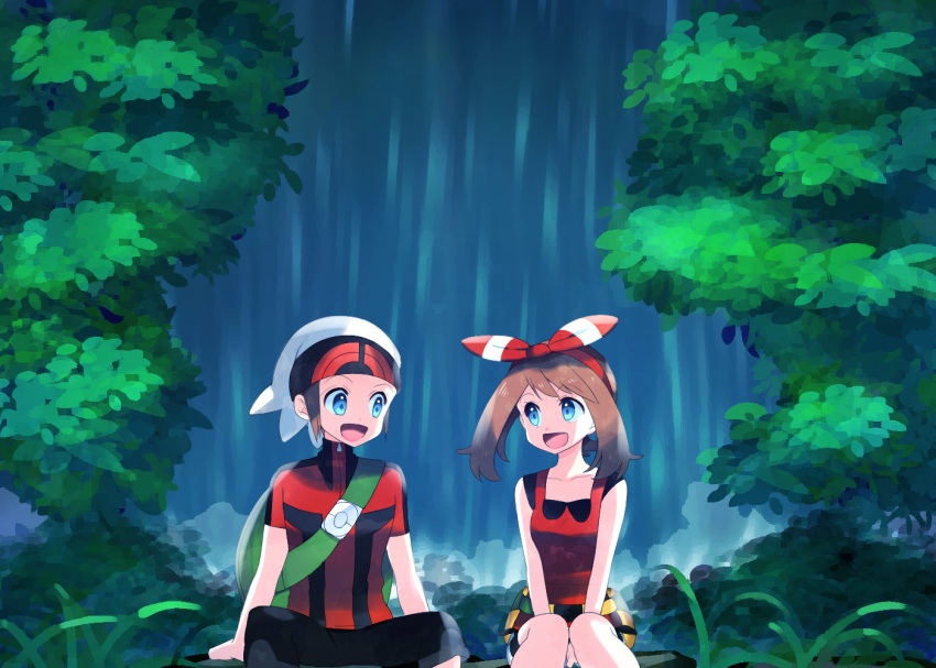 1boy 1girl :d between_legs bike_shorts black_pants black_shorts blue_eyes bow brown_hair collarbone day eye_contact hair_bow hairband hand_between_legs haruka_(pokemon) jacket long_hair looking_at_another open_mouth outdoors pants pokemon pokemon_(game) pokemon_oras red_hairband red_jacket red_shirt shirt short_shorts short_sleeves shorts shorts_under_shorts sitting sleeveless sleeveless_shirt smile striped striped_bow twintails water waterfall white_shorts yuihiko yuuki_(pokemon)