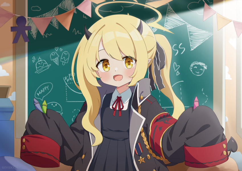 1girl absurdres black_coat black_dress black_horns blonde_hair blue_archive blush coat collared_shirt commentary crayon demon_horns doodle_sensei_(blue_archive) dress gevuxx highres horns ibuki_(blue_archive) long_hair looking_at_viewer open_clothes open_coat open_mouth pinafore_dress sensei_(blue_archive) shirt side_ponytail sleeveless sleeveless_dress sleeves_past_fingers sleeves_past_wrists smile solo upper_body white_shirt yellow_eyes