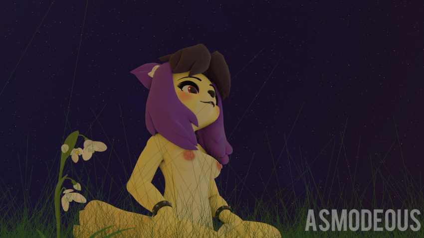animal_crossing anthro areola asmodeous breasts female flower fur goth grass hair hi_res isabelle_(animal_crossing) low-angle_view night nintendo nipples nude outside plant purple_hair signature sitting small_breasts solo star studded_bracelet yellow_body yellow_fur