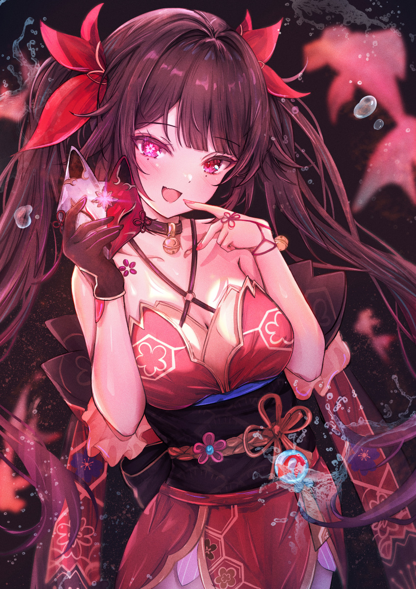 1girl absurdres air_bubble bare_shoulders bell black_gloves black_hair breasts bubble cleavage commentary flower_tattoo fox_mask gloves highres holding holding_mask honkai:_star_rail honkai_(series) long_hair looking_at_viewer mask mismatched_pupils mito_soosu mole mole_under_eye neck_bell open_mouth pink_eyes single_glove smile solo sparkle_(honkai:_star_rail) symbol-shaped_pupils tattoo twintails