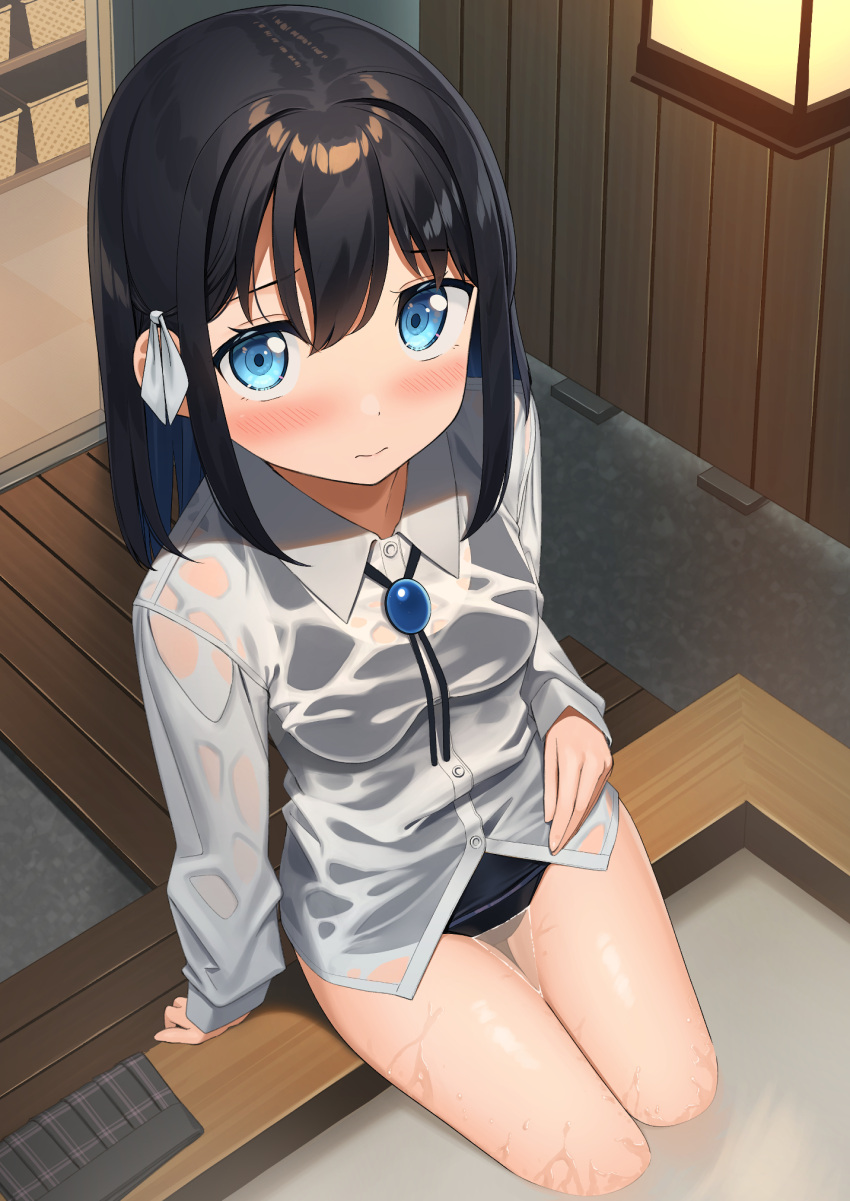 1girl 3: amulet apollo_(hu_maple) bath black_hair blue_eyes blue_hair blush breasts collared_shirt colored_inner_hair commentary_request dress_shirt furrowed_brow hair_between_eyes hair_intakes highres indoors long_sleeves looking_at_viewer looking_up medium_breasts medium_hair multicolored_hair ofuro one-piece_swimsuit original pleated_skirt school_swimsuit school_uniform see-through shirt shy skirt soaking_feet solo swimsuit swimsuit_under_clothes thighs unworn_skirt wakamezake wet wet_clothes white_shirt